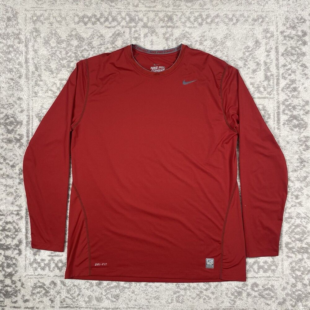 Nike Pro Shirt Dri Fit Combat Fitted Long Sleeve Mens Maroon Red Size 2XL XXL